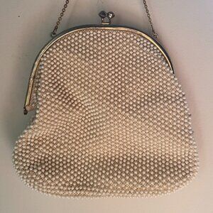 Vintage White & Gold Beaded Oval Evening Purse Corde Bead circa 1950s
